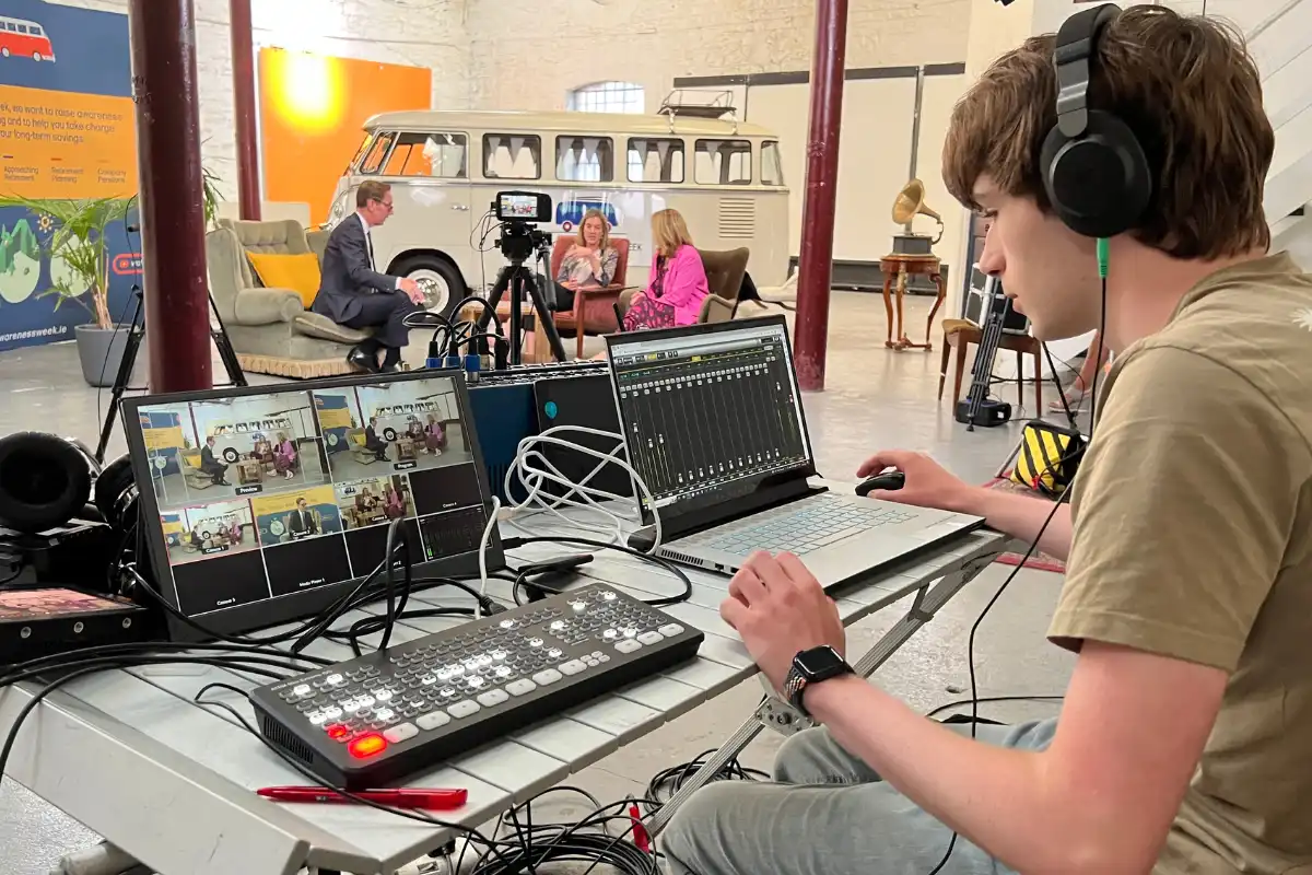 Behind the scenes during a corporate video shoot