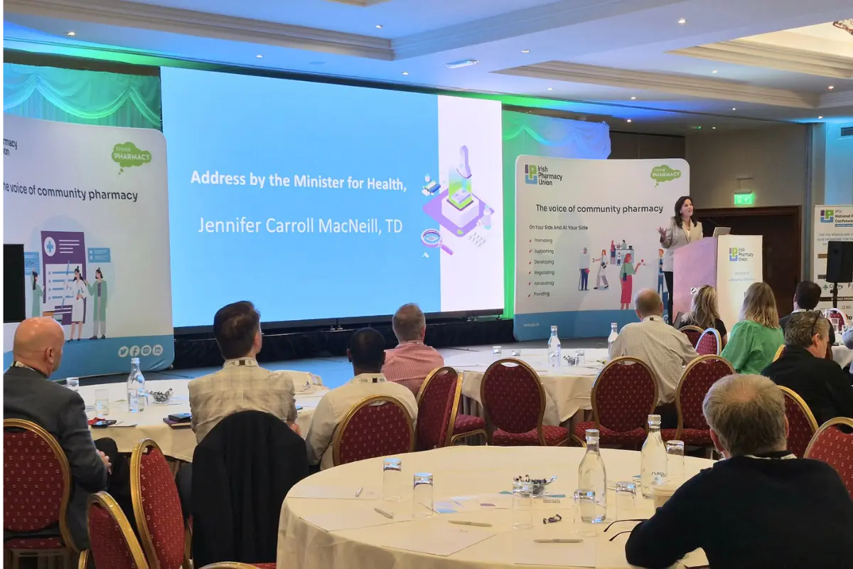 StudioRove corporate AV services and large LED stage screen setup for a national conference and presentation event in Ireland