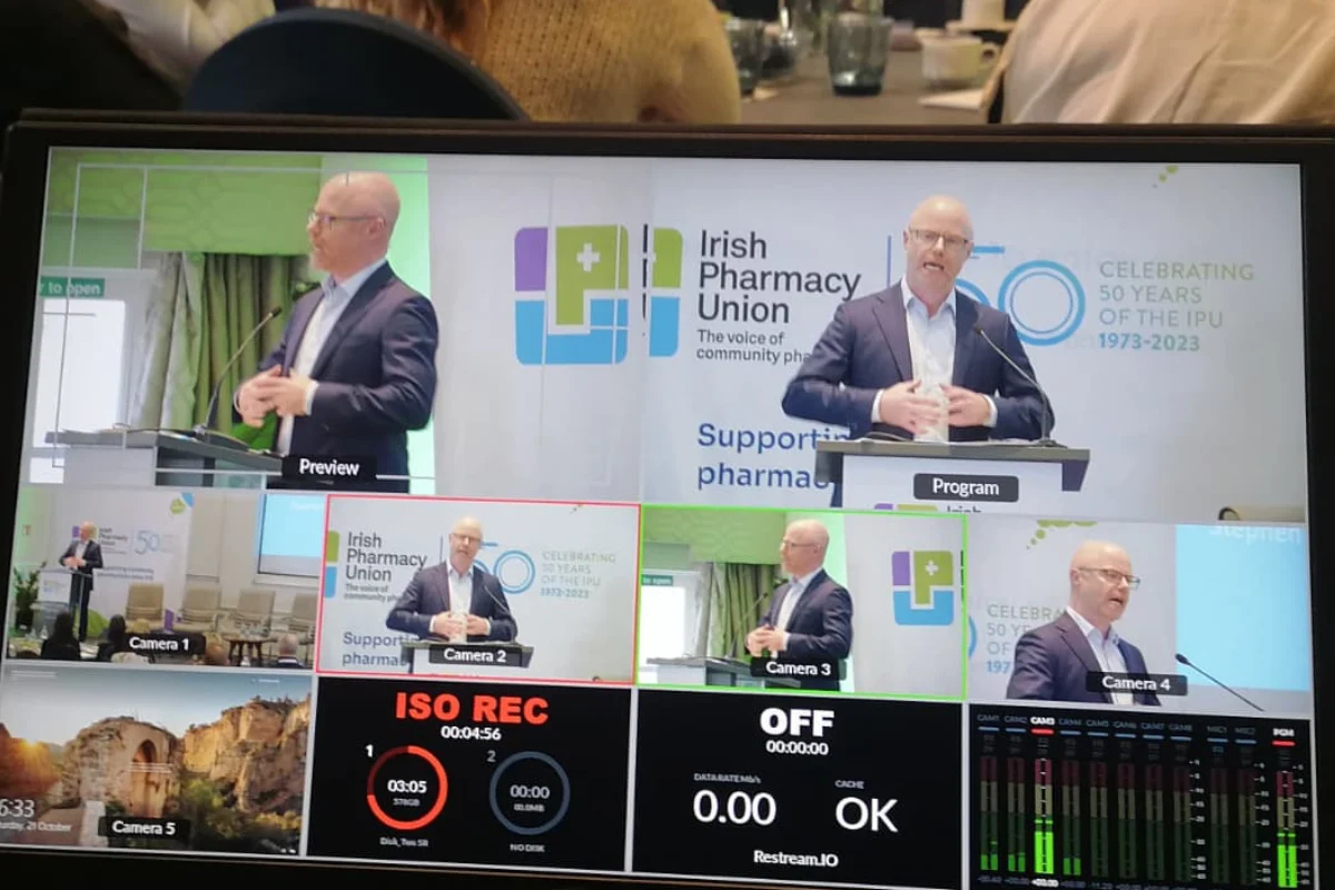 Multi-camera monitor screen displaying a corporate presentation, managed by StudioRove, a professional live event streaming company
