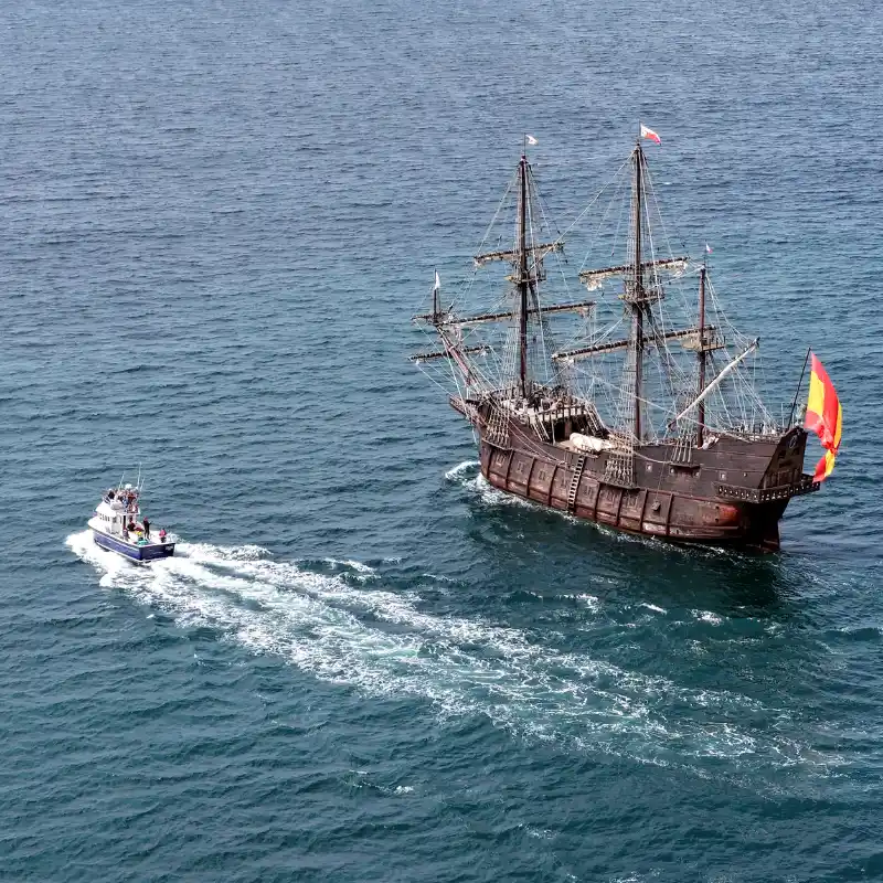 Aerial drone photo of a traditional Spanish galleon ship at sea, captured by StudioRove