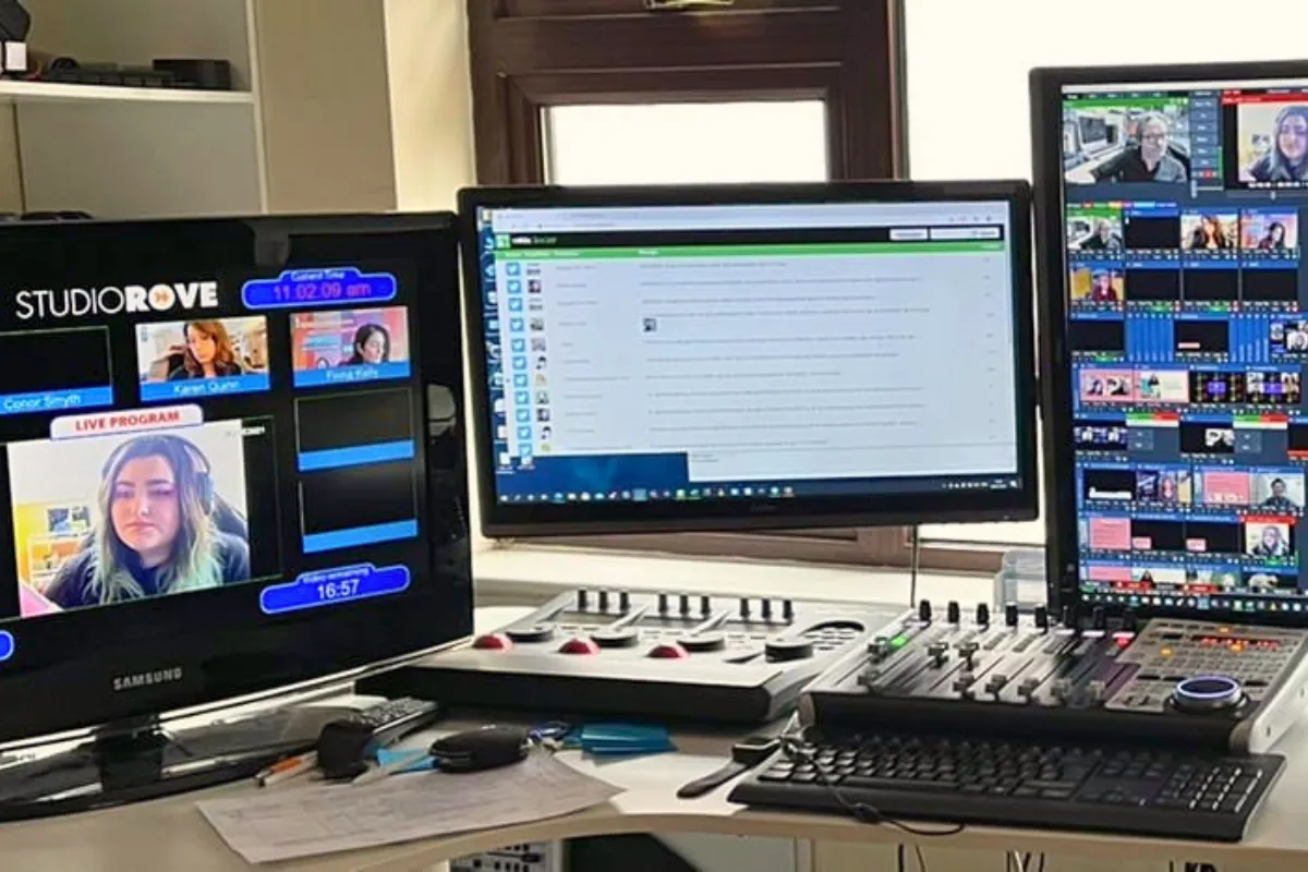 StudioRove equipment used for tutorial video production in Ireland, with multiple monitors and a video switcher.