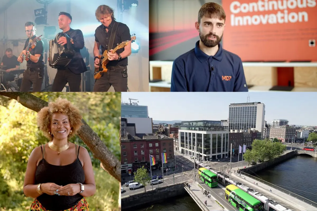 Promotional video collage featuring musicians performing, business interviews, a woman outdoors, and Dublin city scenes.