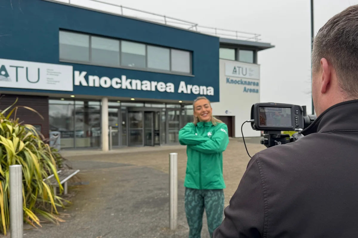 Videographer filming a promotional video outside ATU Knocknarea Arena in Sligo